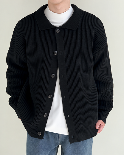 Side view of a men's pointed-collar cardigan