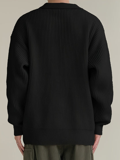 Men's cardigan showing the button-front design and ribbed texture