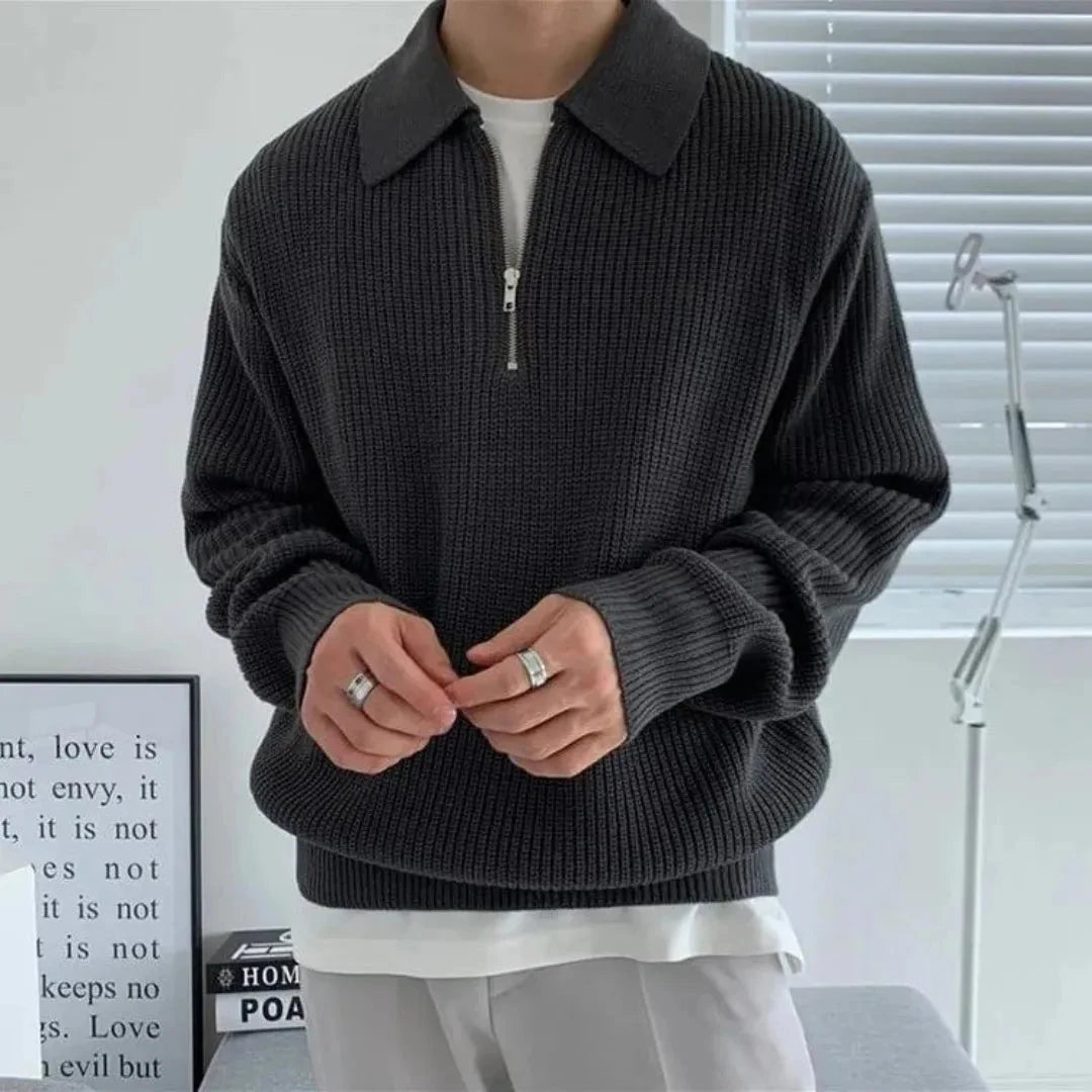 Herren-Strickpullover | Rippstrickstruktur, strukturierter Kragen | Normale Passform