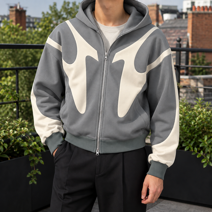 Men's contrast zip hoodie displayed in a casual outfit styling