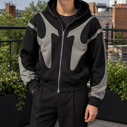 Men's contrast zip hoodie shown from the front with a full zip closure and hood