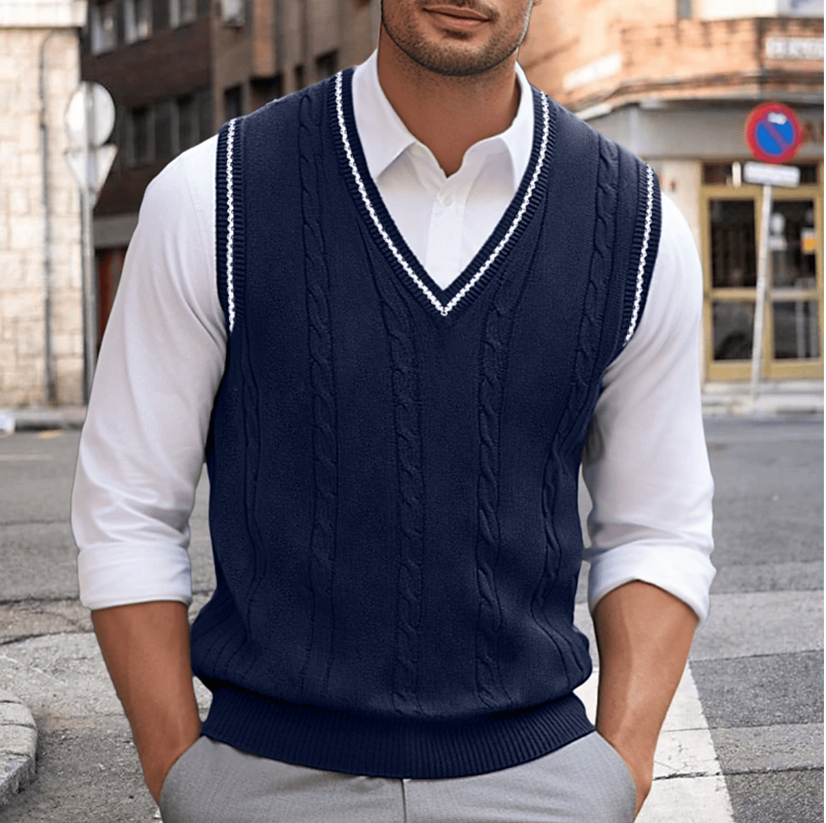 Herren V-Ausschnitt Tanktop, ärmelloser Pullover 4