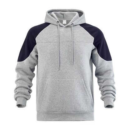 Full view of men's textured hoodie with hood, long sleeves, and kangaroo pocket