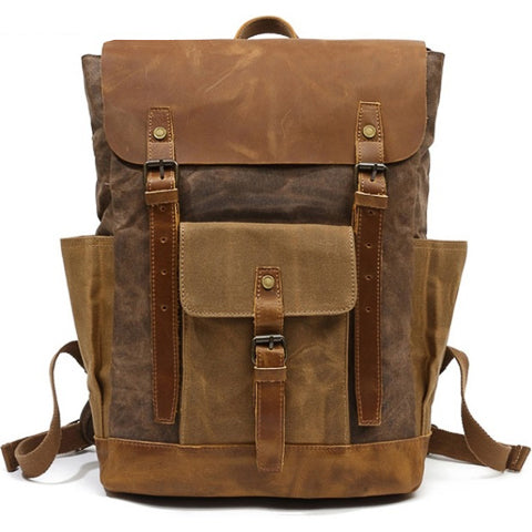 Angled view of retro backpack showing exterior pockets and durable construction