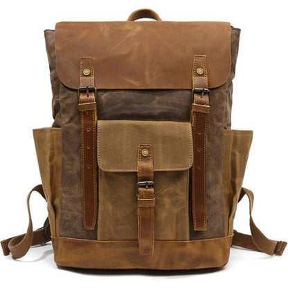 Angled view of retro backpack showing exterior pockets and durable construction