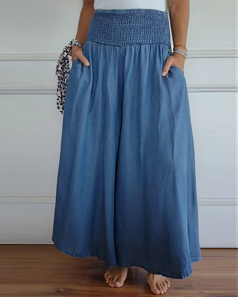 Weite Hosen Damen | High Waist Smocked-Bund im Denim-Look