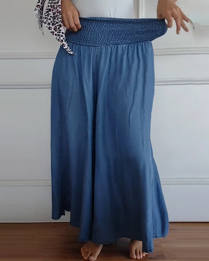 Weite Hosen Damen | High Waist Smocked-Bund im Denim-Look