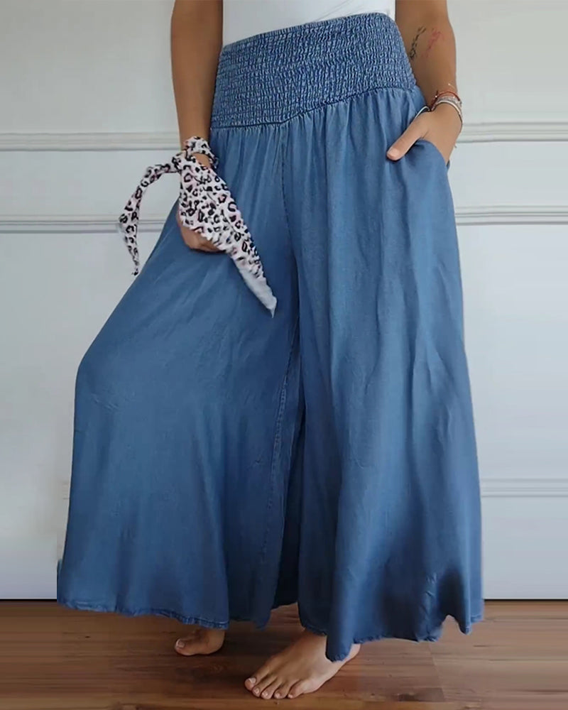 Weite Hosen Damen | High Waist Smocked-Bund im Denim-Look