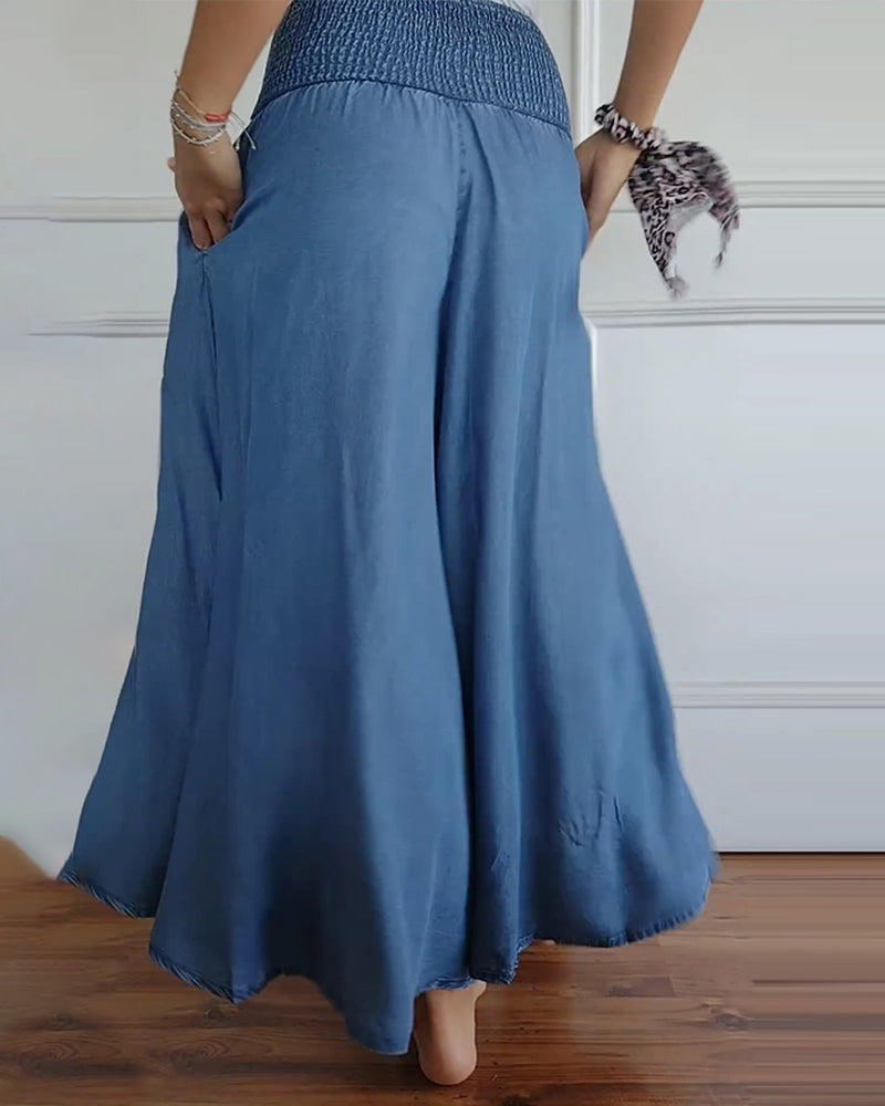 Weite Hosen Damen | High Waist Smocked-Bund im Denim-Look
