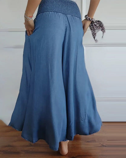Weite Hosen Damen | High Waist Smocked-Bund im Denim-Look