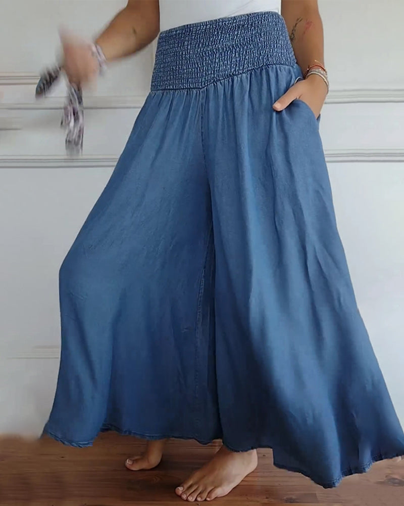 Weite Hosen Damen | High Waist Smocked-Bund im Denim-Look