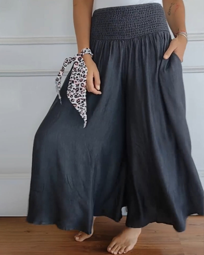 Weite Hosen Damen | High Waist Smocked-Bund im Denim-Look