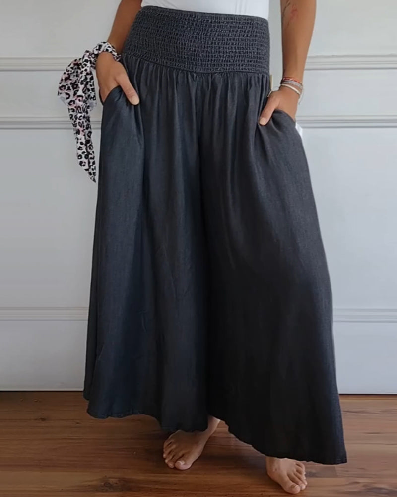 Weite Hosen Damen | High Waist Smocked-Bund im Denim-Look