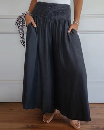 Weite Hosen Damen | High Waist Smocked-Bund im Denim-Look