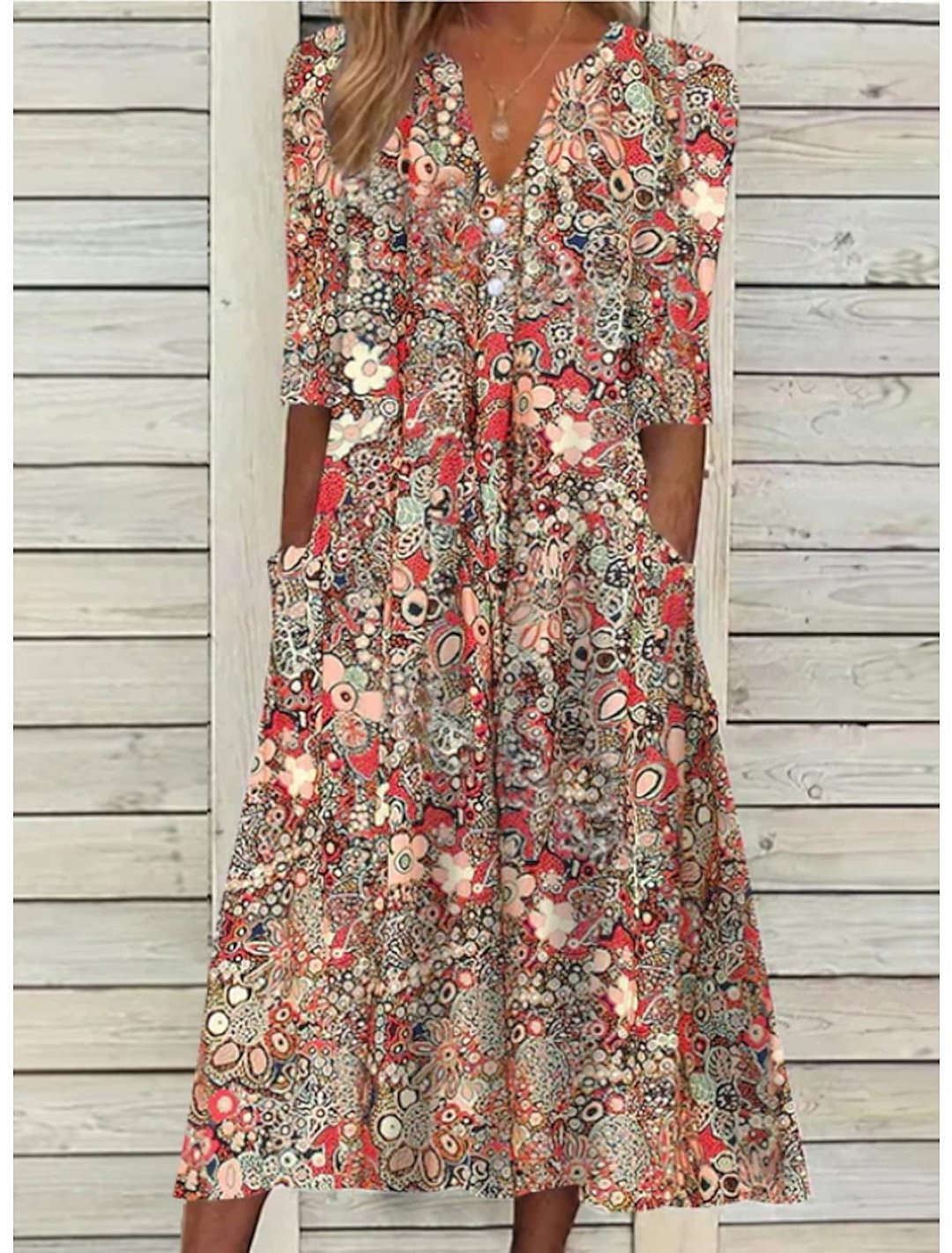 Sommer Midi Kleid Damen | Floraler Print & Knopfleiste