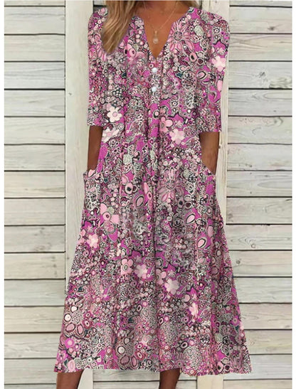 Sommer Midi Kleid Damen | Floraler Print & Knopfleiste