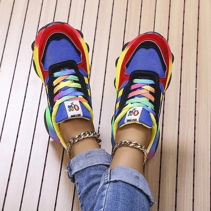 Damen Chunky Sneaker | Regenbogen-Colorblock & Plateausohle