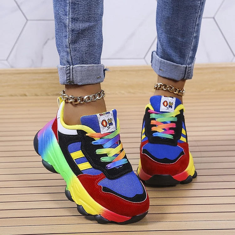 Damen Chunky Sneaker | Regenbogen-Colorblock & Plateausohle