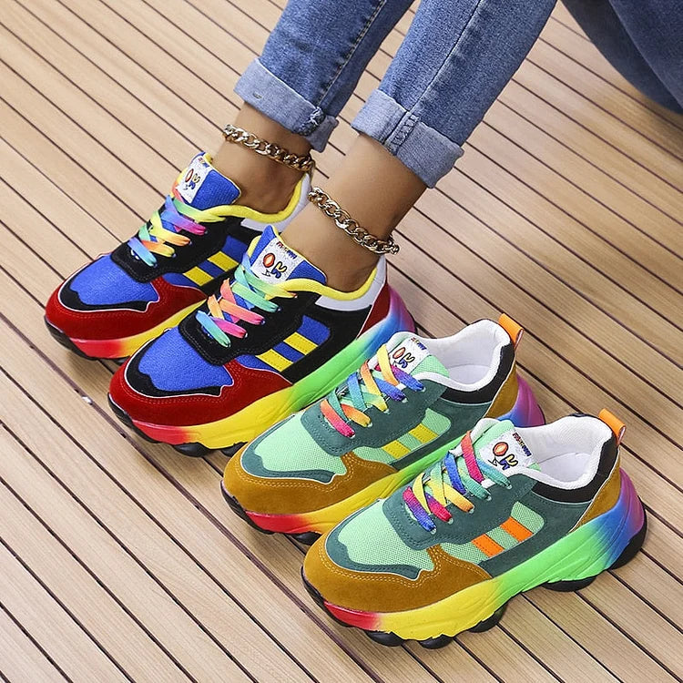 Damen Chunky Sneaker | Regenbogen-Colorblock & Plateausohle