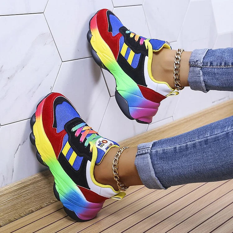Damen Chunky Sneaker | Regenbogen-Colorblock & Plateausohle