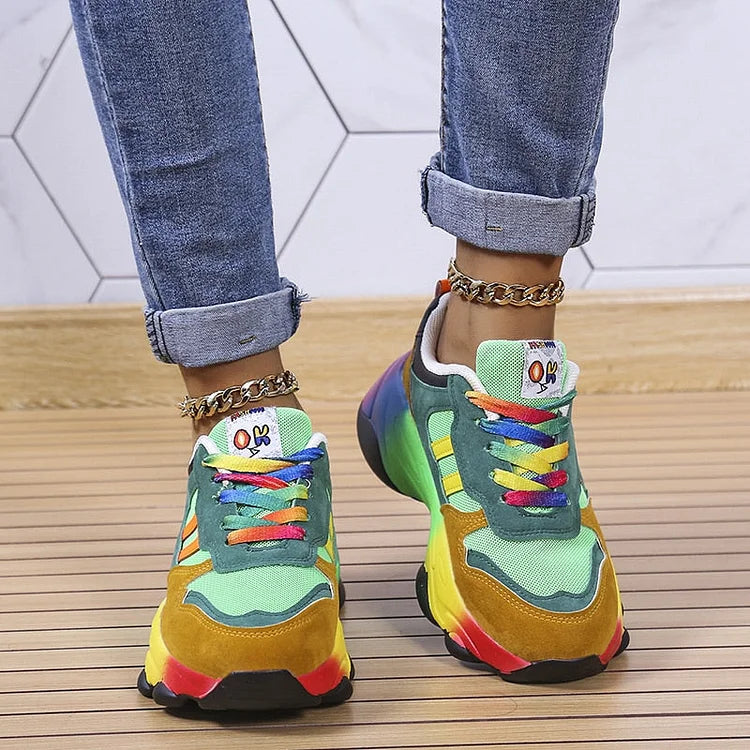 Damen Chunky Sneaker | Regenbogen-Colorblock & Plateausohle