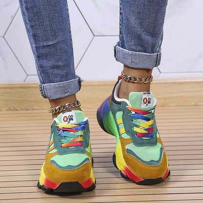 Damen Chunky Sneaker | Regenbogen-Colorblock & Plateausohle