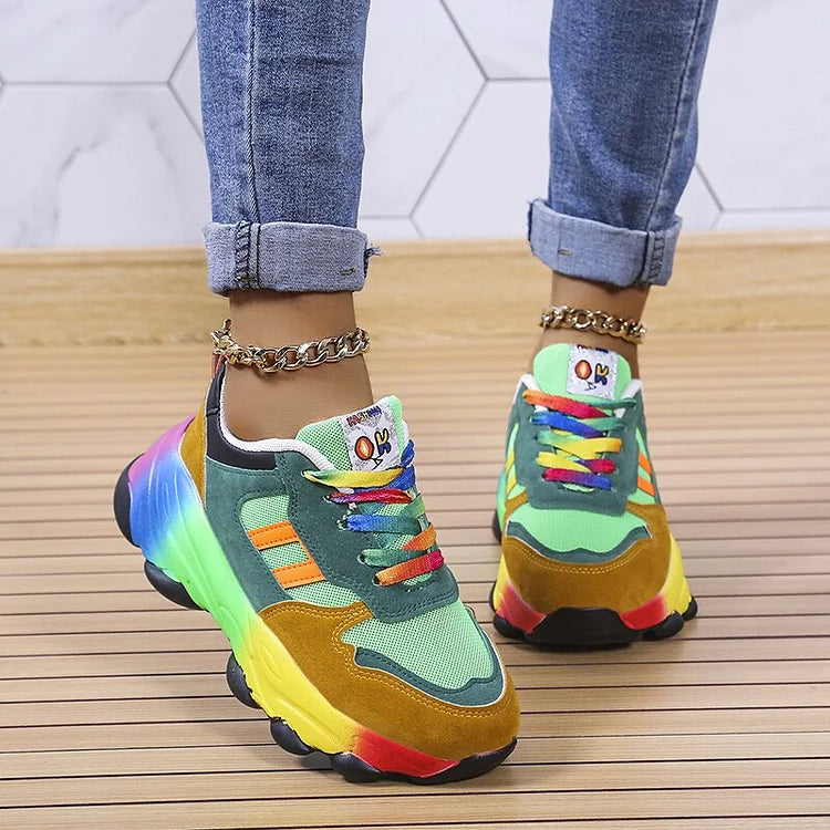 Damen Chunky Sneaker | Regenbogen-Colorblock & Plateausohle