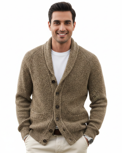 Close-up of the striped wool knit and button front on a men's cardigan