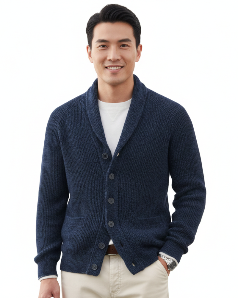 Men's striped V-neck wool cardigan styled as a polished everyday layer