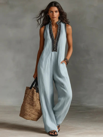 Jumpsuit Damen | Boho Stickerei & Ärmellos