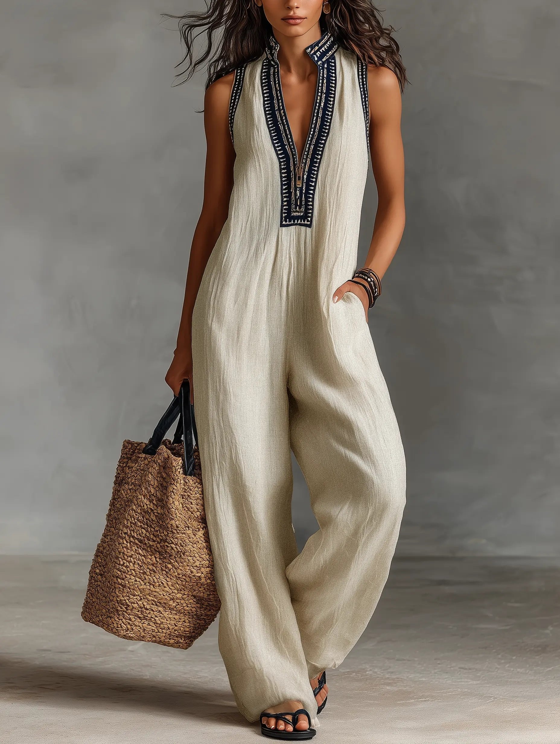 Jumpsuit Damen | Boho Stickerei & Ärmellos