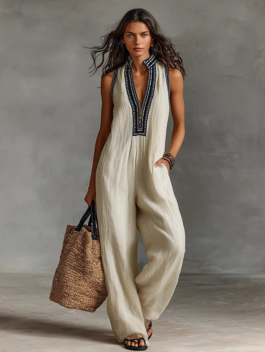 Jumpsuit Damen | Boho Stickerei & Ärmellos