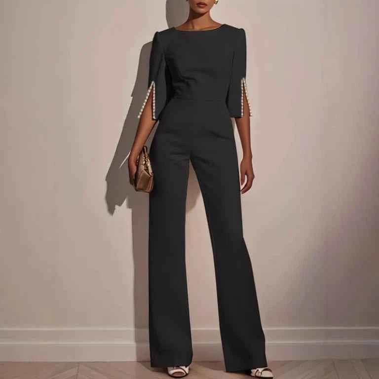 Jumpsuit Damen | Eleganter Hosenanzug mit Perlenbesatz & Cape-Ärmeln