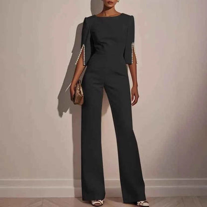 Jumpsuit Damen | Eleganter Hosenanzug mit Perlenbesatz & Cape-Ärmeln