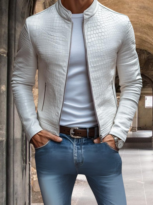 Kairos | Herren Lederjacke aus Premium-Leder mit Steinmuster und Stehkragen, Slim Fit, Reißverschluss