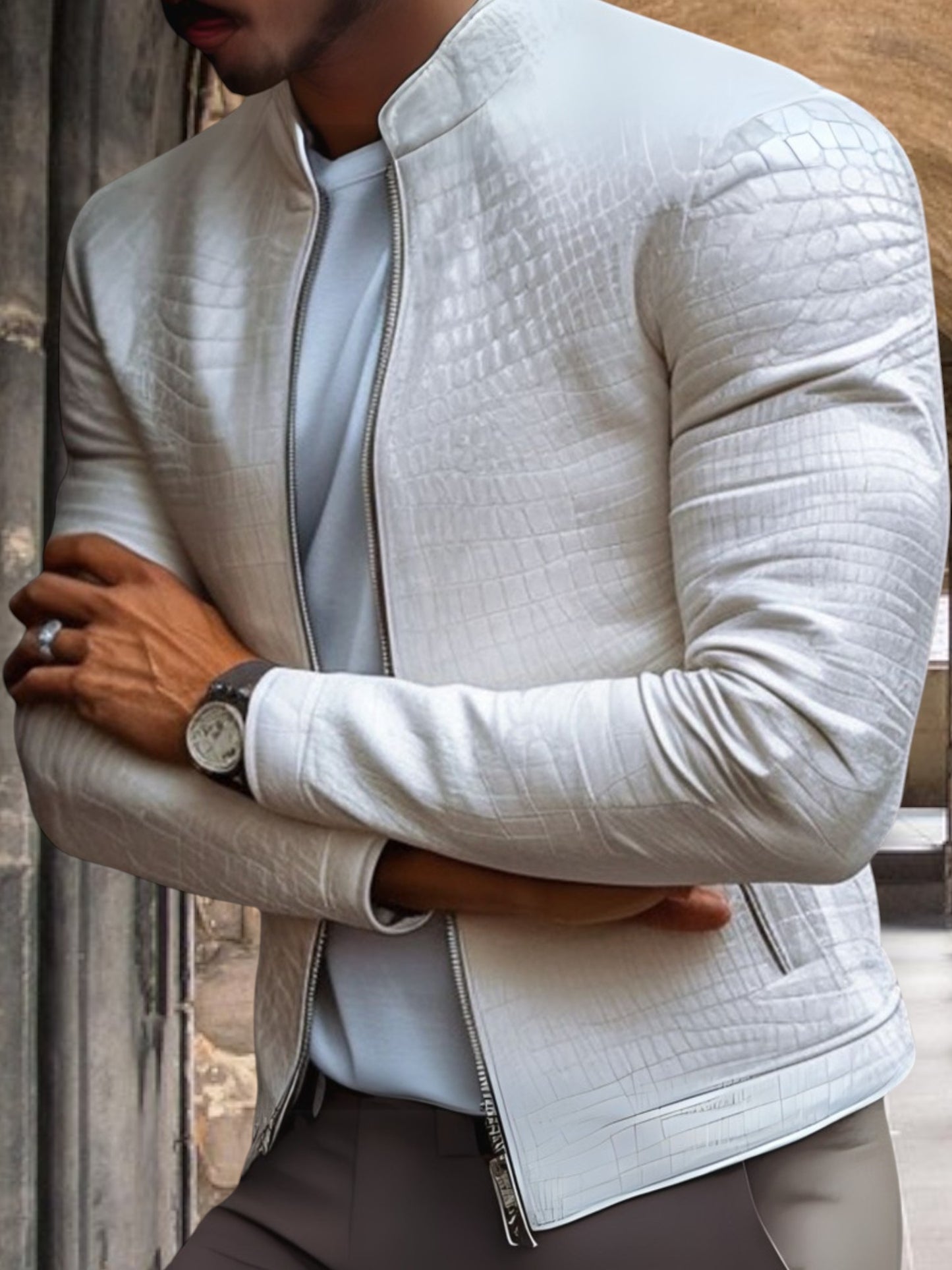 Kairos | Herren Lederjacke aus Premium-Leder mit Steinmuster und Stehkragen, Slim Fit, Reißverschluss