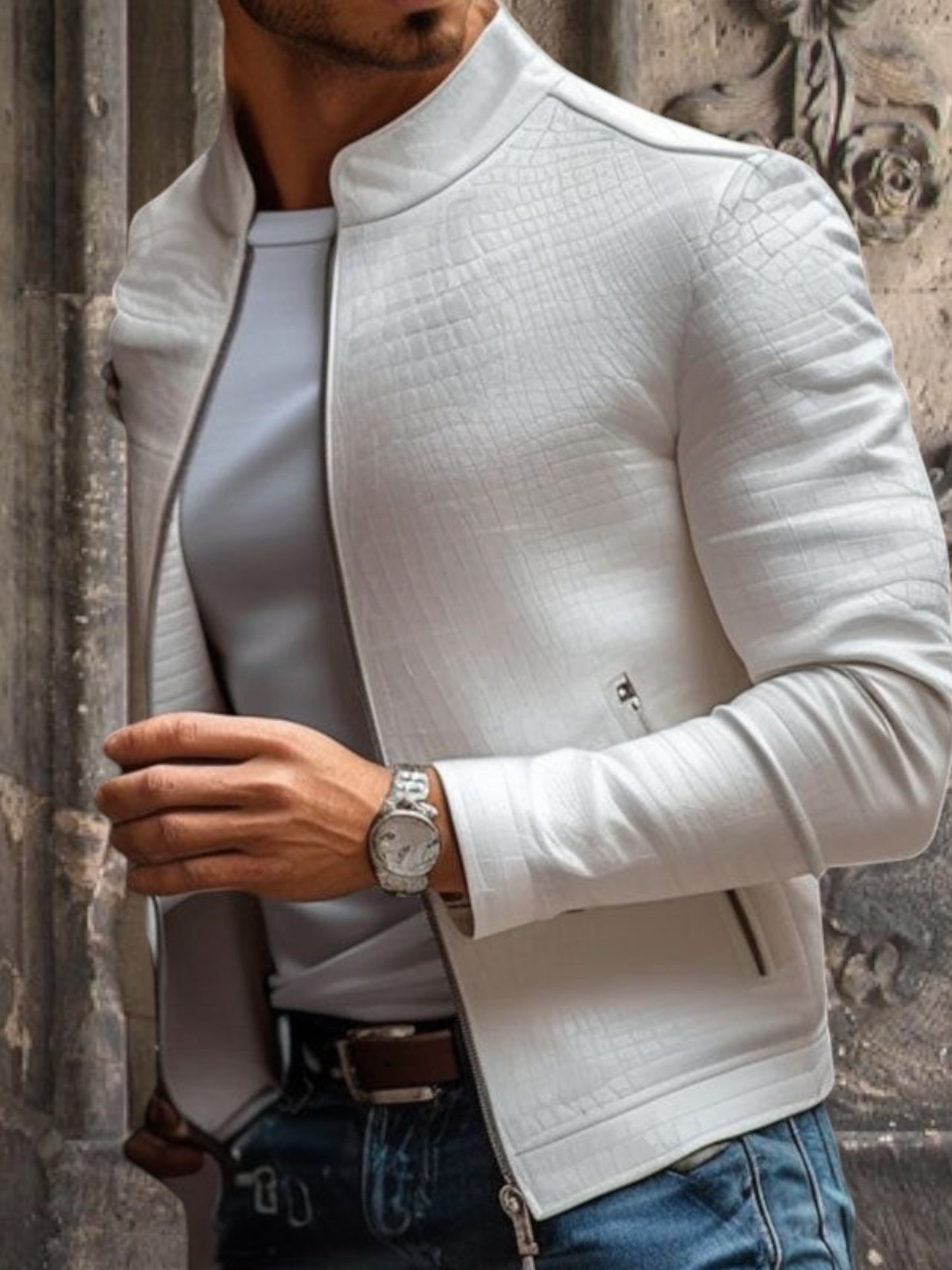 Kairos | Herren Lederjacke aus Premium-Leder mit Steinmuster und Stehkragen, Slim Fit, Reißverschluss