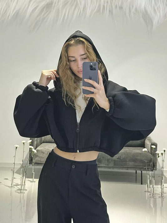 Kapuzenpullover Damen | Cropped Schnitt & Voluminöse Ballonärmel