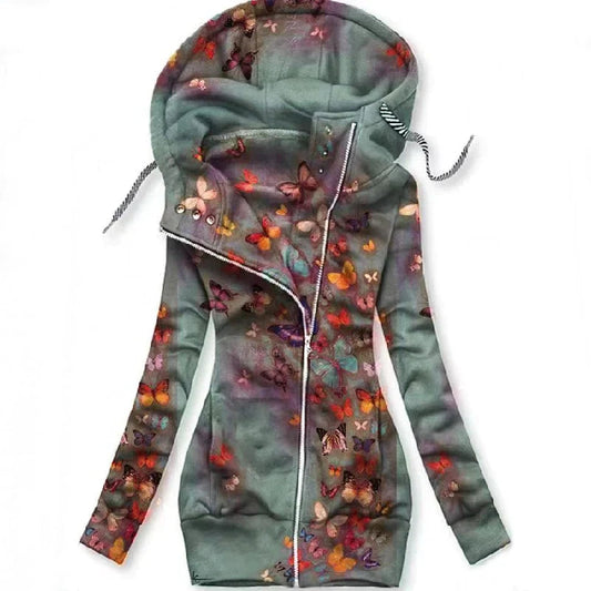 Kapuzenpullover Damen | Diagonaler Zipper & Schmetterlings-Print