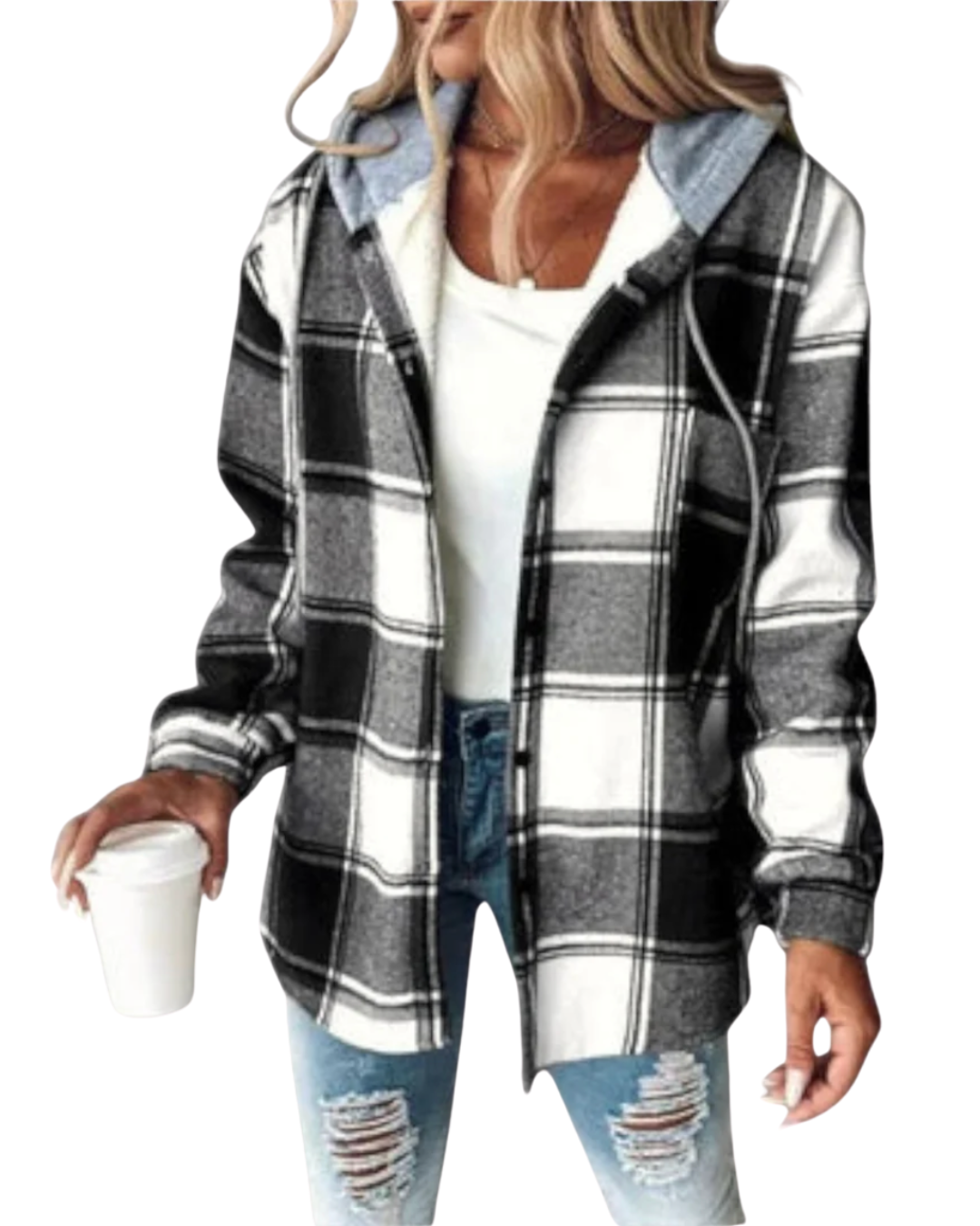 Kapuzenpullover Damen | Karierte Hemdjacke mit Kapuze