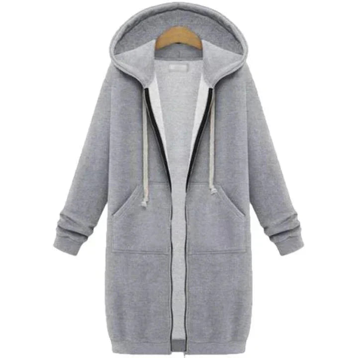Kapuzenpullover Long Damen | Durchgehender Zip & Kordelzug