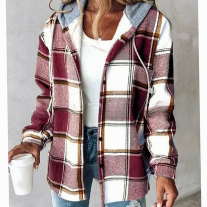 Damen Karo Hoodie Jacke mit Kapuze Lockere Passform Winterjacke - Dunkelrot