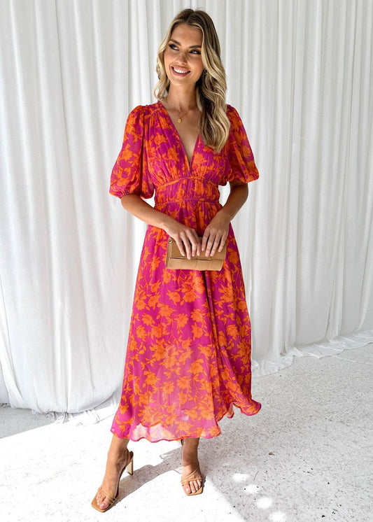 Midikleid Damen | Floraler Print & Taillierter Puffärmel-Look
