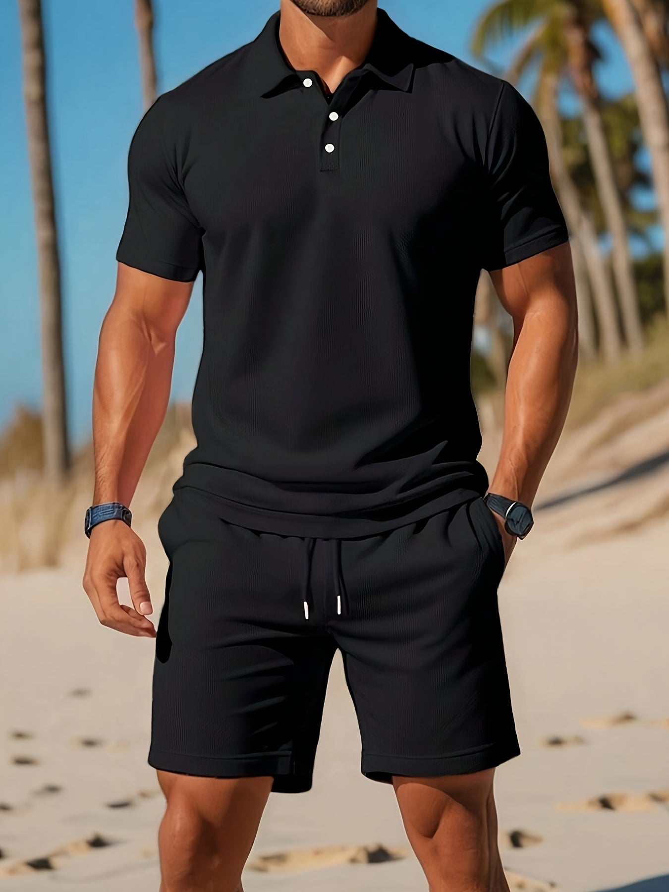 Sommer Set Herren | Poloshirt & Shorts mit Waffelstruktur