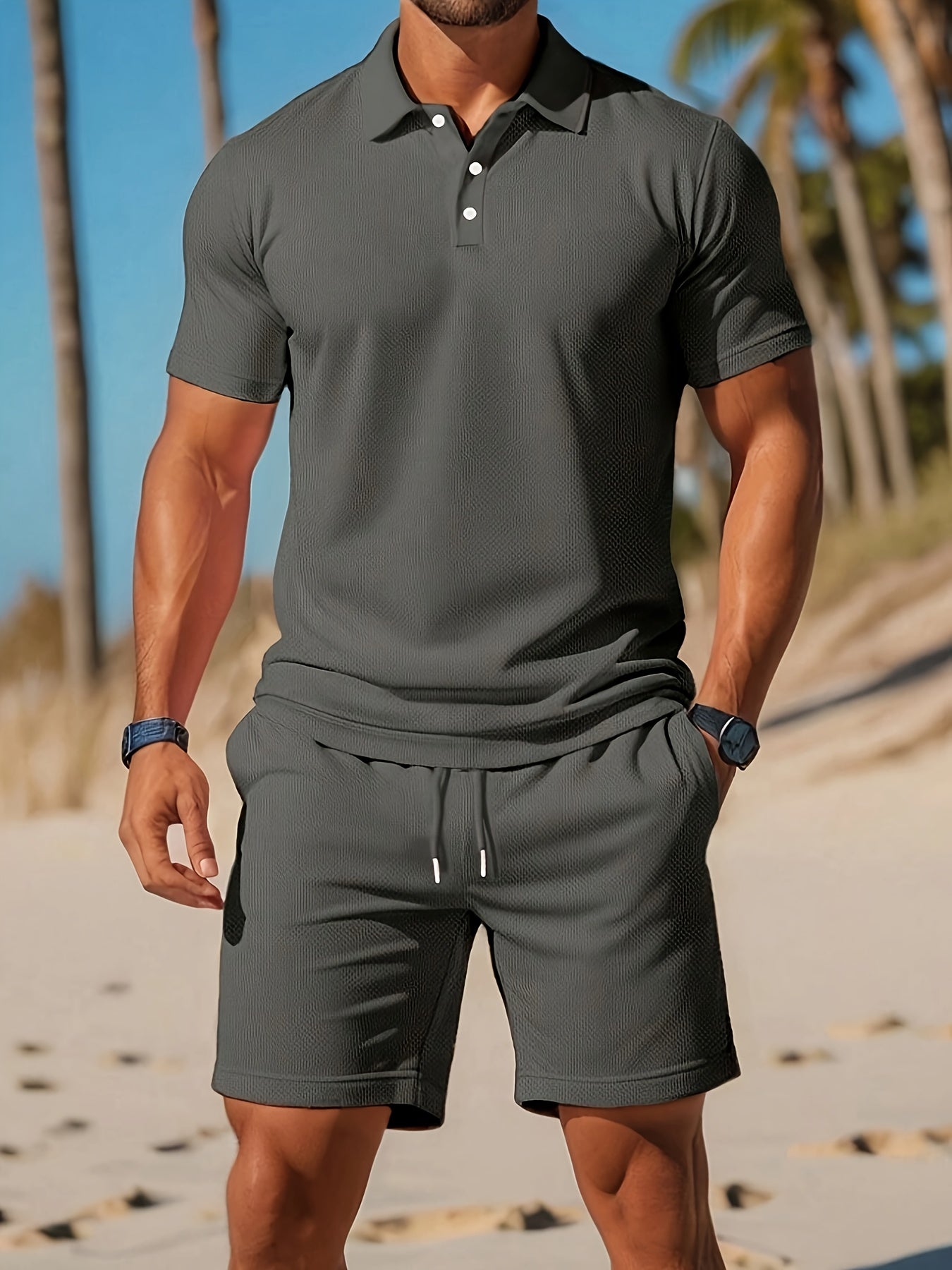 Sommer Set Herren | Poloshirt & Shorts mit Waffelstruktur