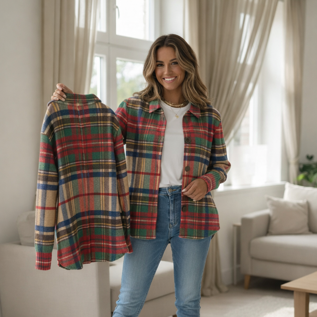 Langarm Bluse Damen | Karo & Knopfleiste