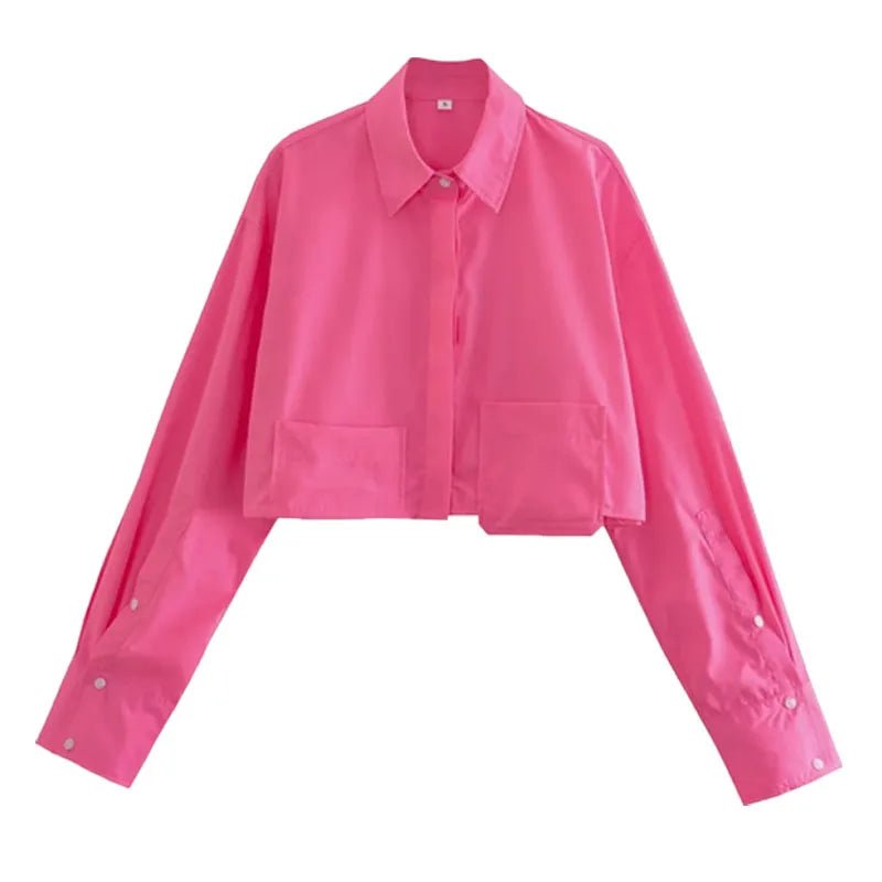 Langarm Bluse Damen gestreift | Cropped-Hemdbluse & Aufgesetzte Taschen
