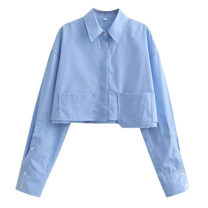 Langarm Bluse Damen gestreift | Cropped-Hemdbluse & Aufgesetzte Taschen