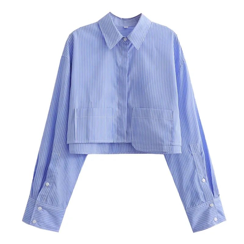 Langarm Bluse Damen gestreift | Cropped-Hemdbluse & Aufgesetzte Taschen