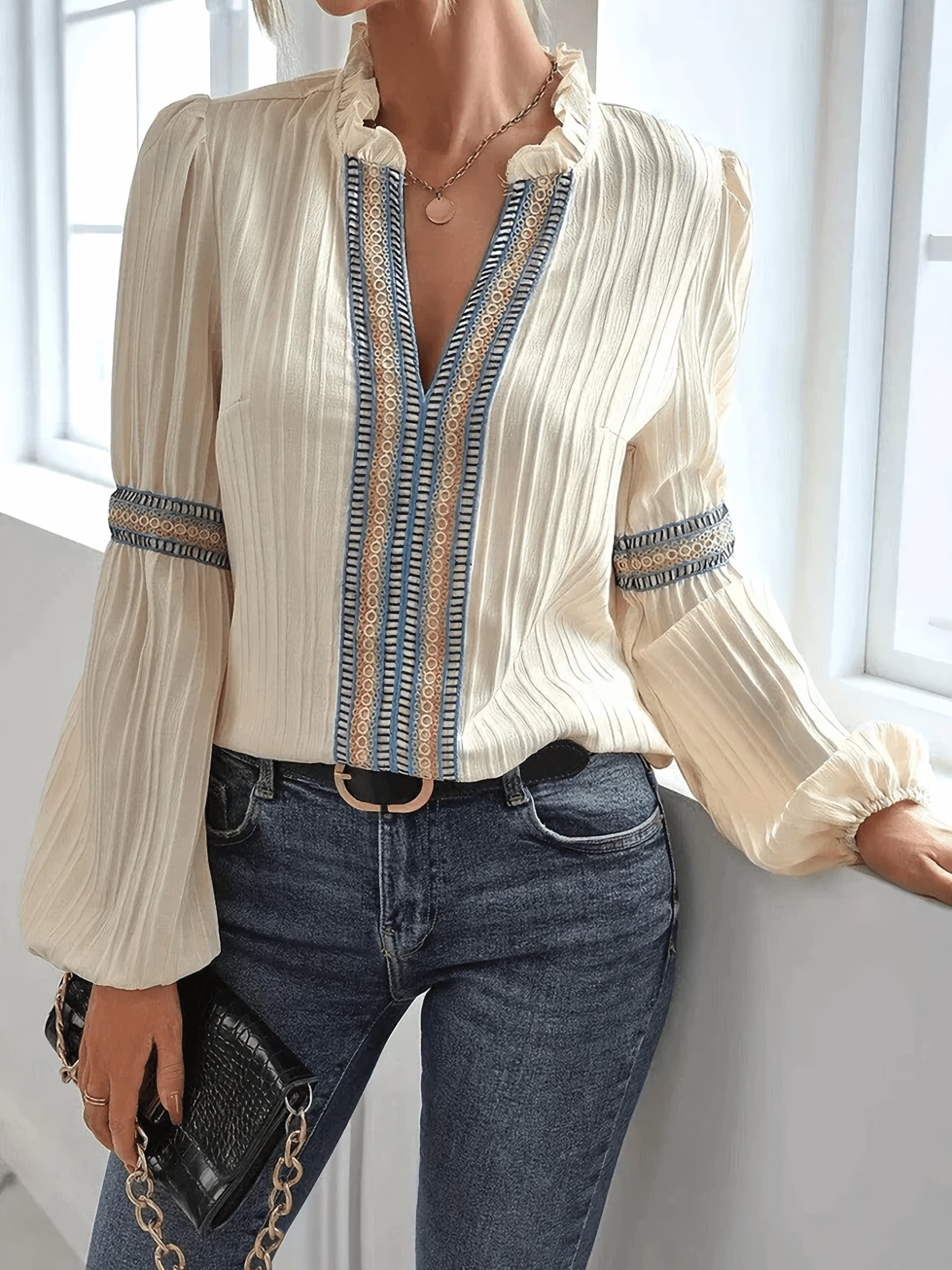 Langarm Bluse Damen im Boho-Look | Stehkragen & Zierborte